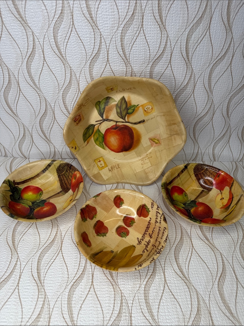 Fruit Motif Pressed Woven Bamboo Serving Bowl Group Apples Bananas Strawberries
